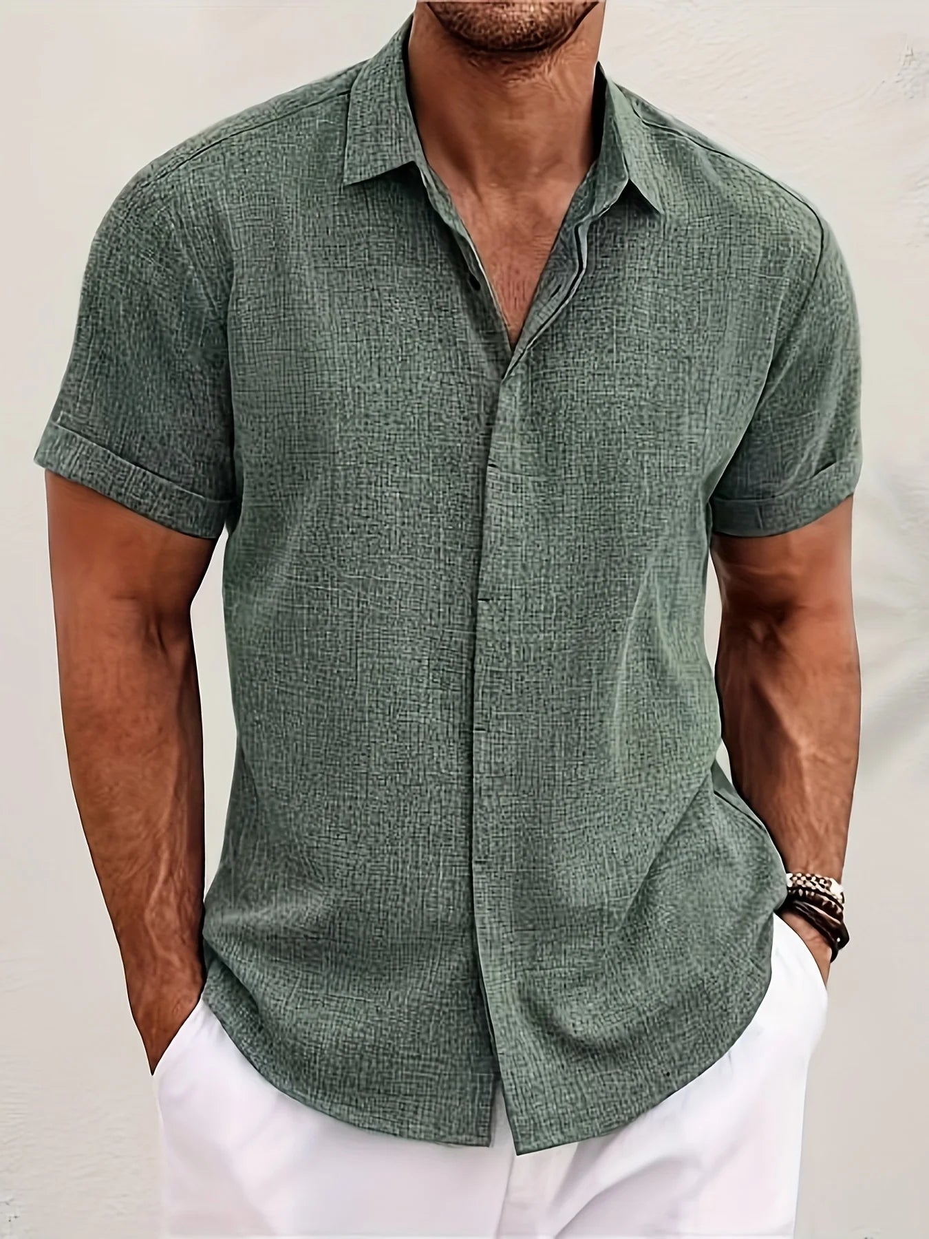 Men's Double Front Hemp Cardigan Short Sleeve High Quality Shirt Summer Home Short Sleeve Lapel Shirt