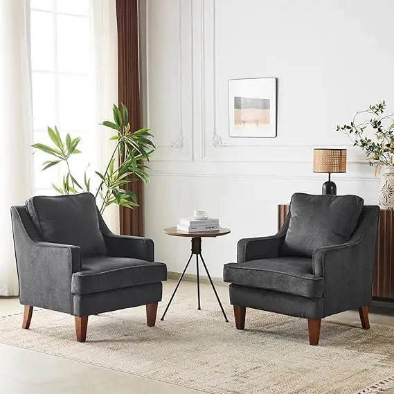 Mid-Century Modern Black Upholstered Accent Chairs Set of 2, Comfortable High-Back Sofa Chairs for Living Room Reading