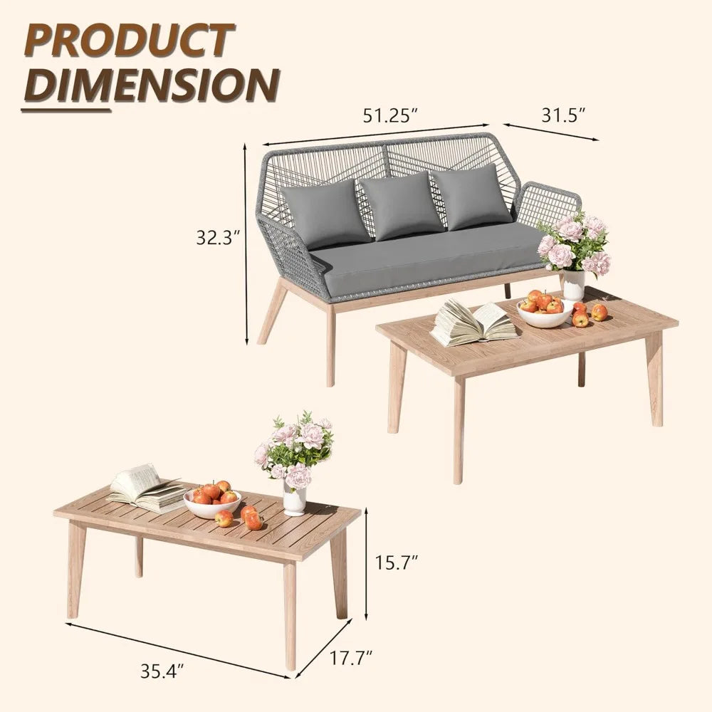 Outdoor Patio Furniture Set,2 Pieces Indoor Rope Woven Sectional Sofa Set Modern Oak Patio Conversation Sets with Wooden Table