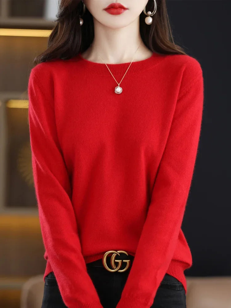Fashion 100% Merino Wool Women's Sweater O-Neck Long Sleeve Pullover Spring Autumn Winter Basic Jumper Clothing Knitwear Tops