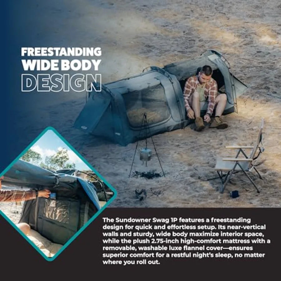 Canvas Swag Tent 1 Person Australian Polycotton Camping Ground Tent All Seasons Waterproof with 2.75 Foam Mattress LED L