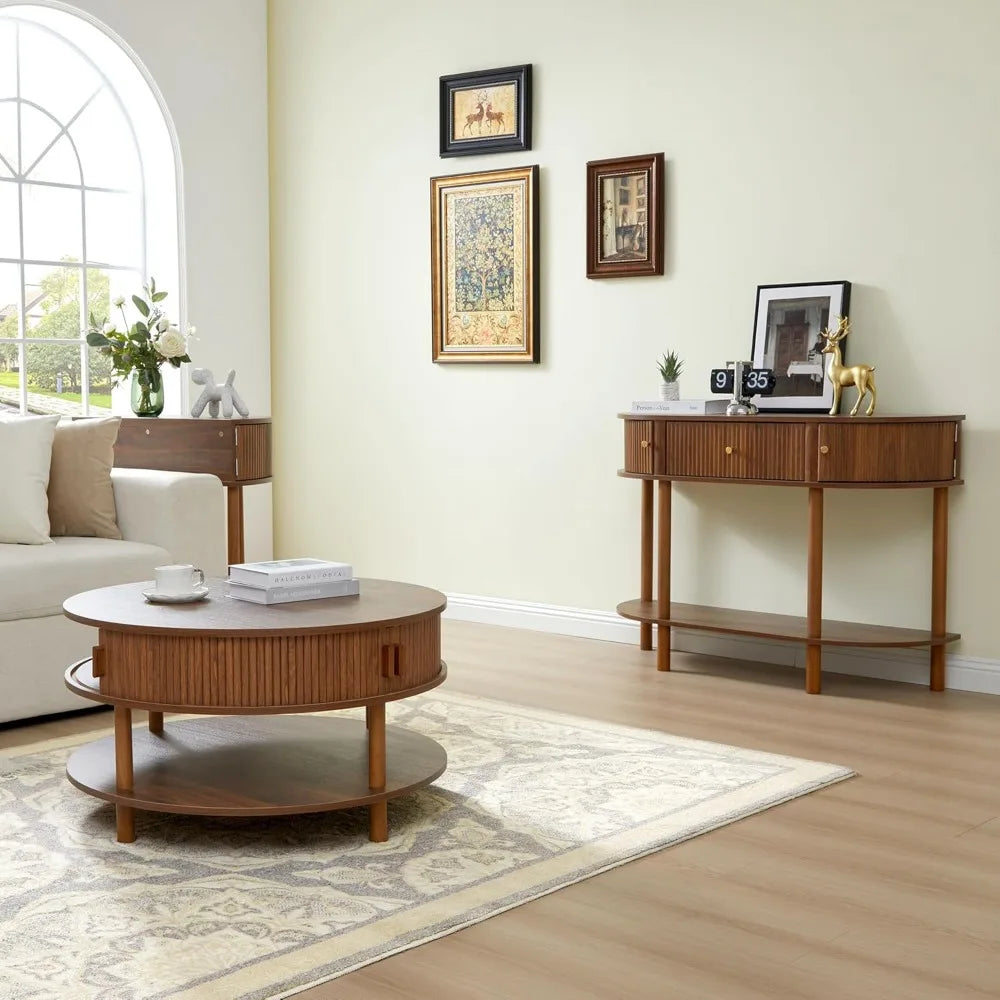 Mid-Century Modern Round Coffee Table with Storage and Sliding Door, Featuring Two Tiers and Solid Wood Legs with Fluted Design