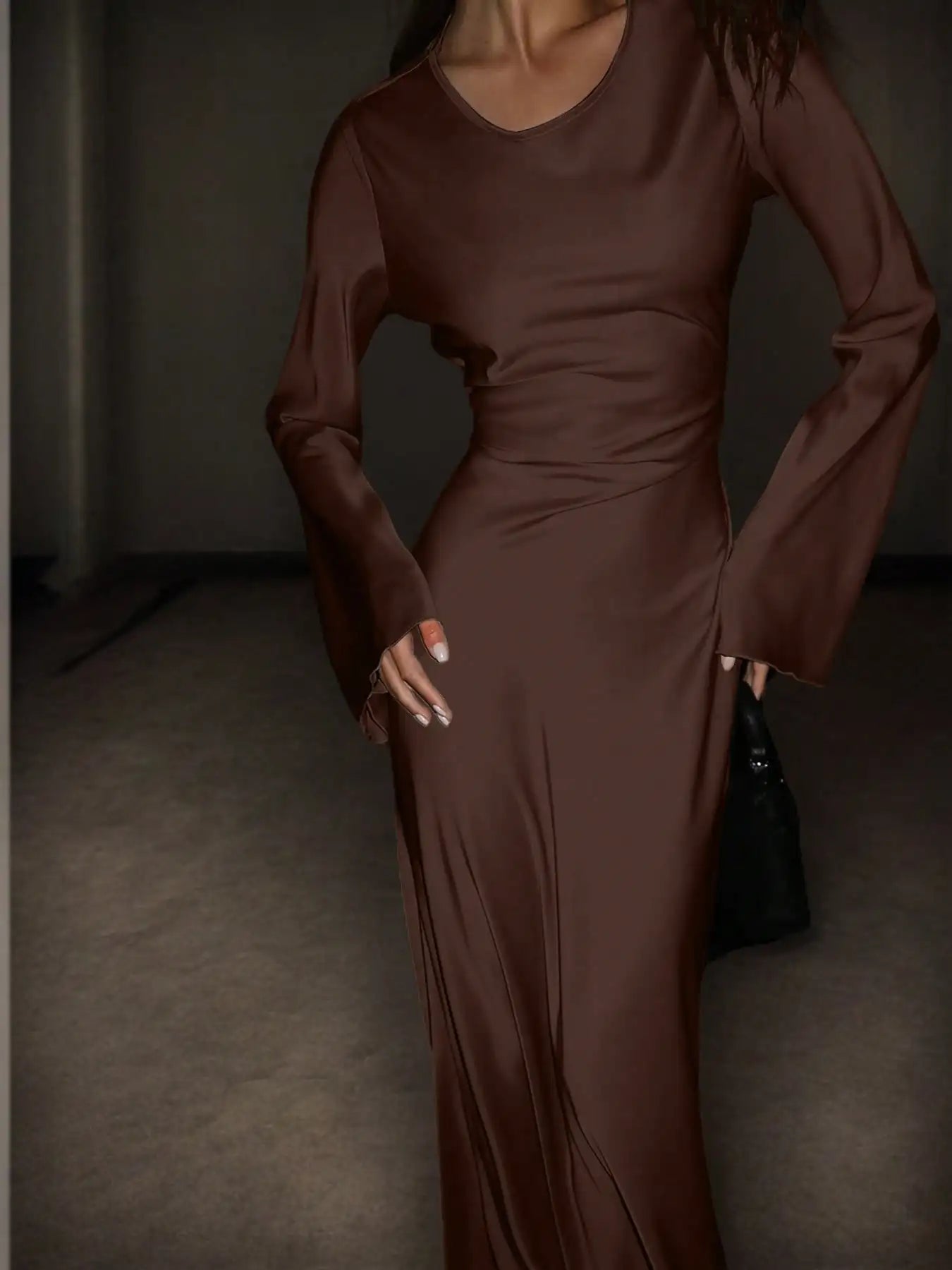 Women's Bespoke Satin Maxi Dress with Corset Waist Tie Classic Round Neck & Dramatic Flared Sleeves Luxury Evening Dress