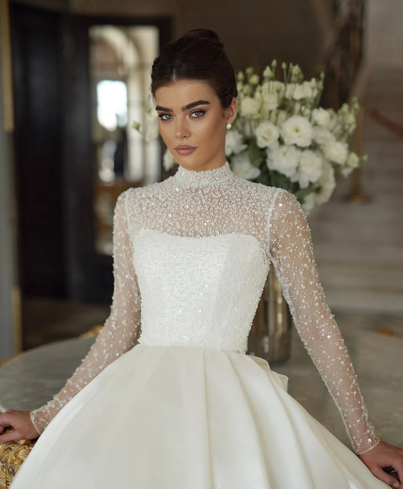 Customized A-line dress, high-neck wedding dress, elegant bow puffy dress, wedding dress  Vestido de novia 2025