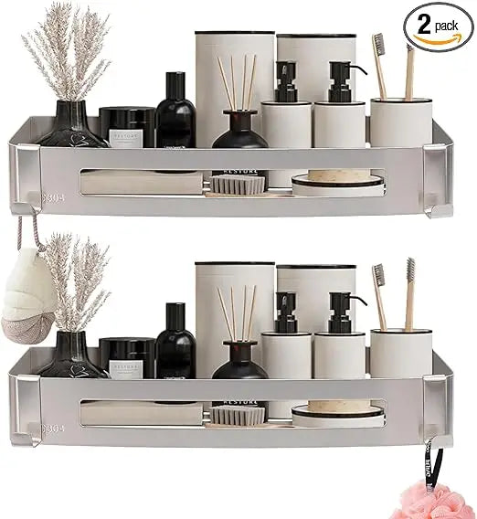 bathroom shower caddy 2 pack, no drill 304 stainless steel shower organizer with 2 hooks (shower shelf, brushed nickel)