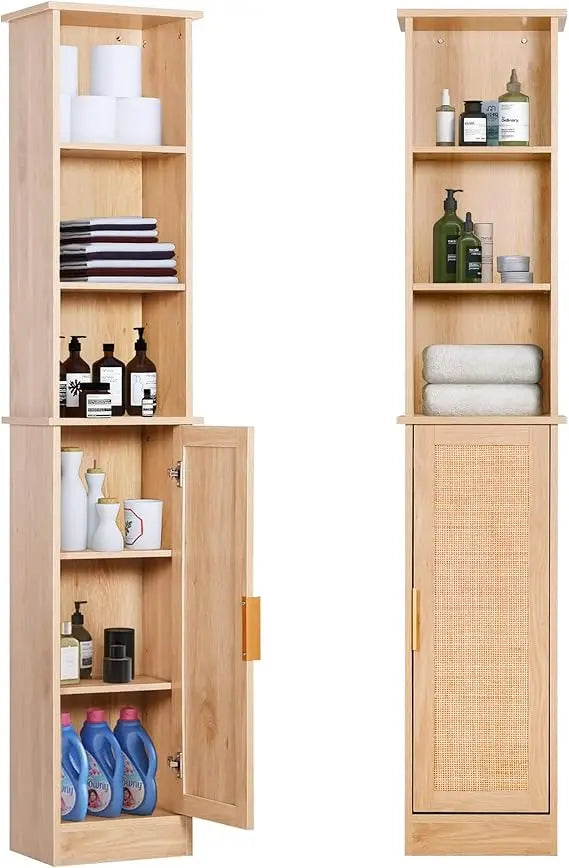Freestanding Wooden Bathroom Storage Cabinet with Door and 6 Adjustable Shelves, Slim Design for Linen Organization
