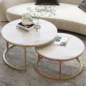 Round Coffee Table Nesting Tables Set of 2, Large : Ø 34.0", Small : Ø 26.0", Modern Design Coffee Tables for Living Room, Gold