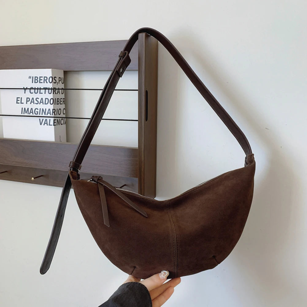 Crescent Bag for Women Men Adjustable Strap Shoulder Bag Suede Multi-pocket Handbag Solid Dumpling Bag for Work Travel