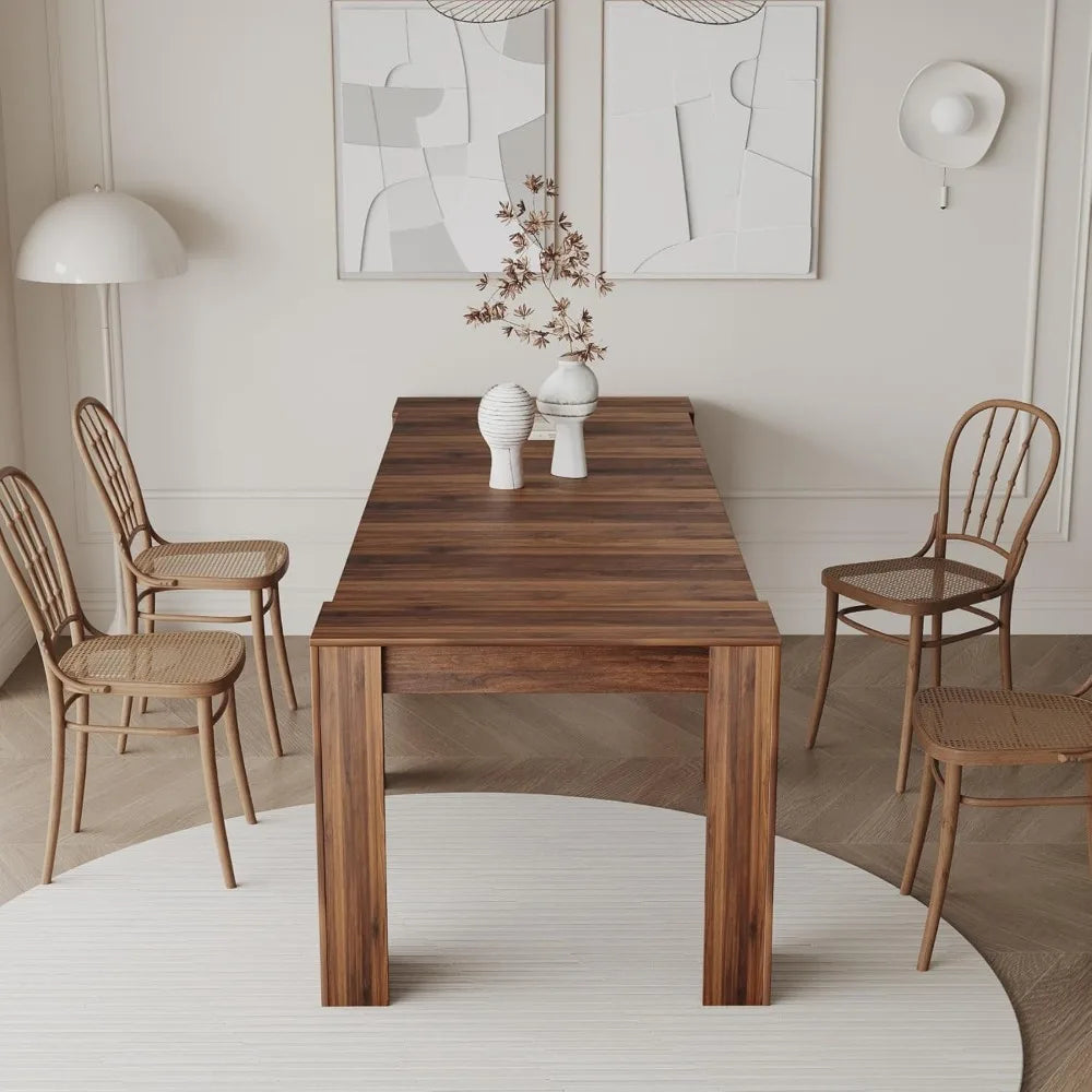 expandable modern rustic rectangular dining table for 1-10, wood, suitable for kitchen and living spaces