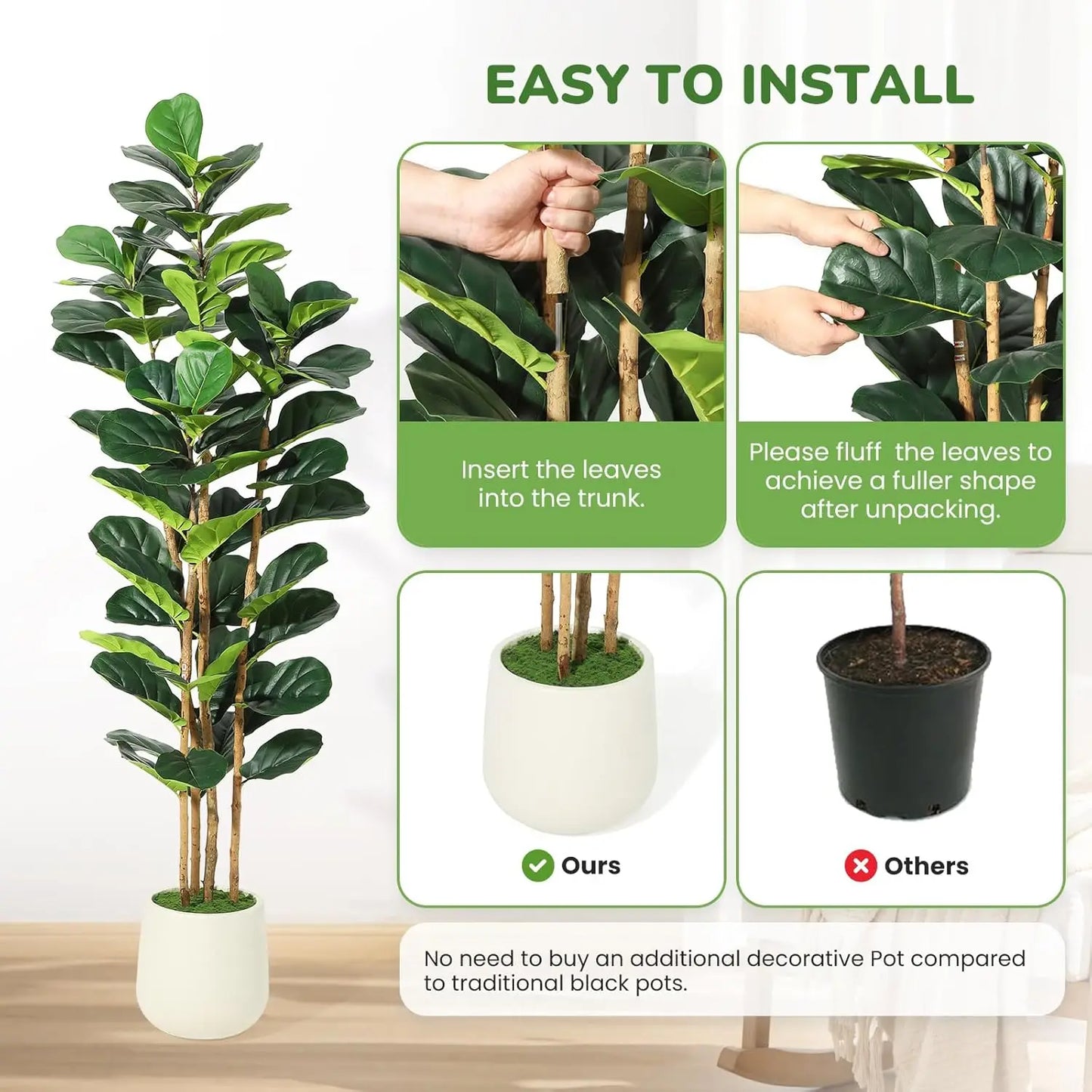 5/6/7 FT Artificial Fiddle Leaf Fig Tree with Pot Faux Trees with Artificial Plants Fiddle Leaves Greenery Fake Tree for Home
