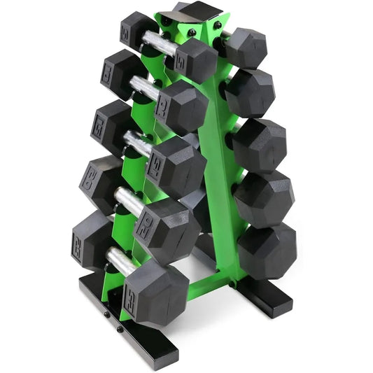 Rubber Coated Hex Dumbbells Set - 5 to 25 Lbs with Storage Rack for Muscle Toning and Strength Training