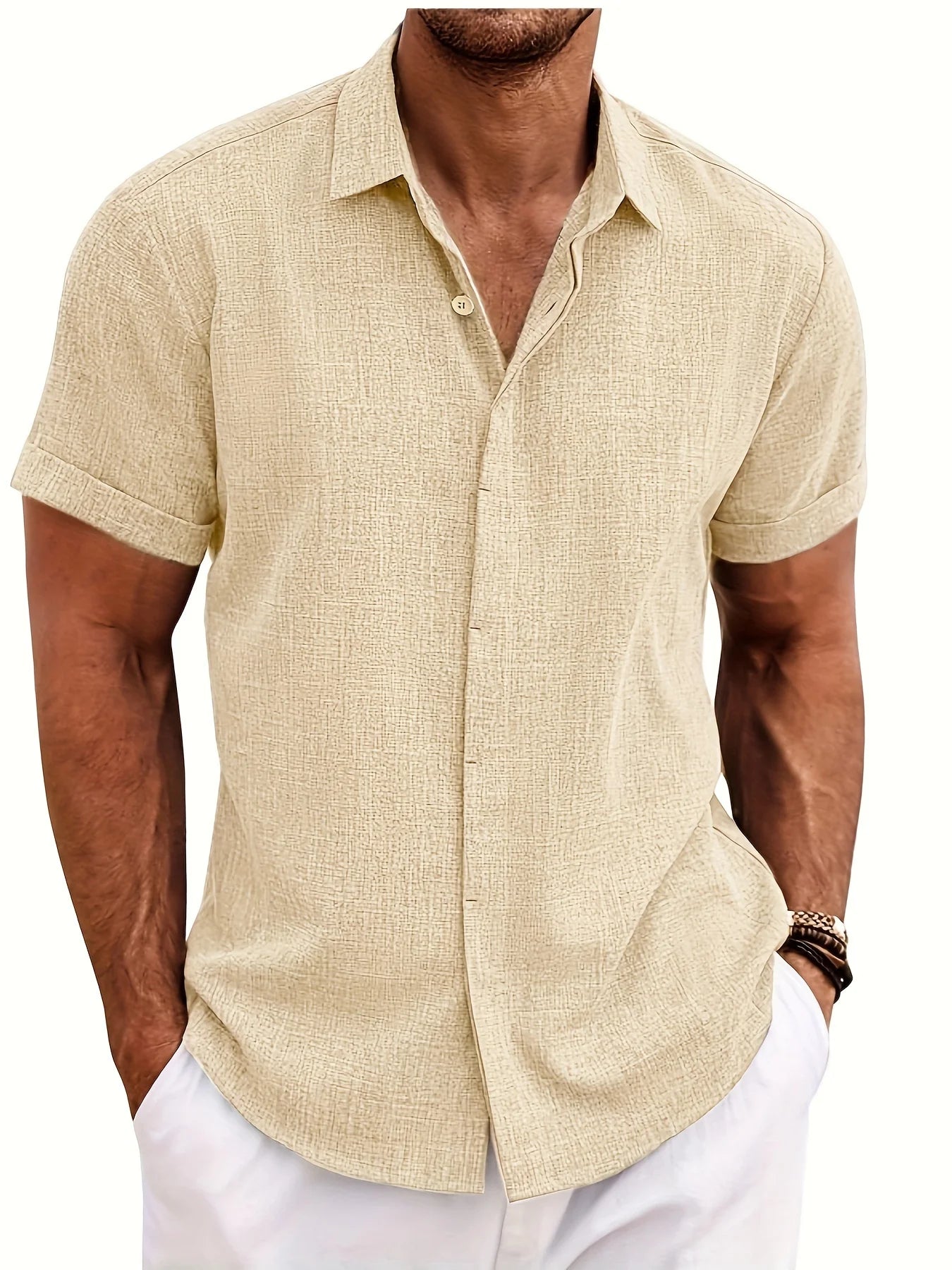Men's Double Front Hemp Cardigan Short Sleeve High Quality Shirt Summer Home Short Sleeve Lapel Shirt