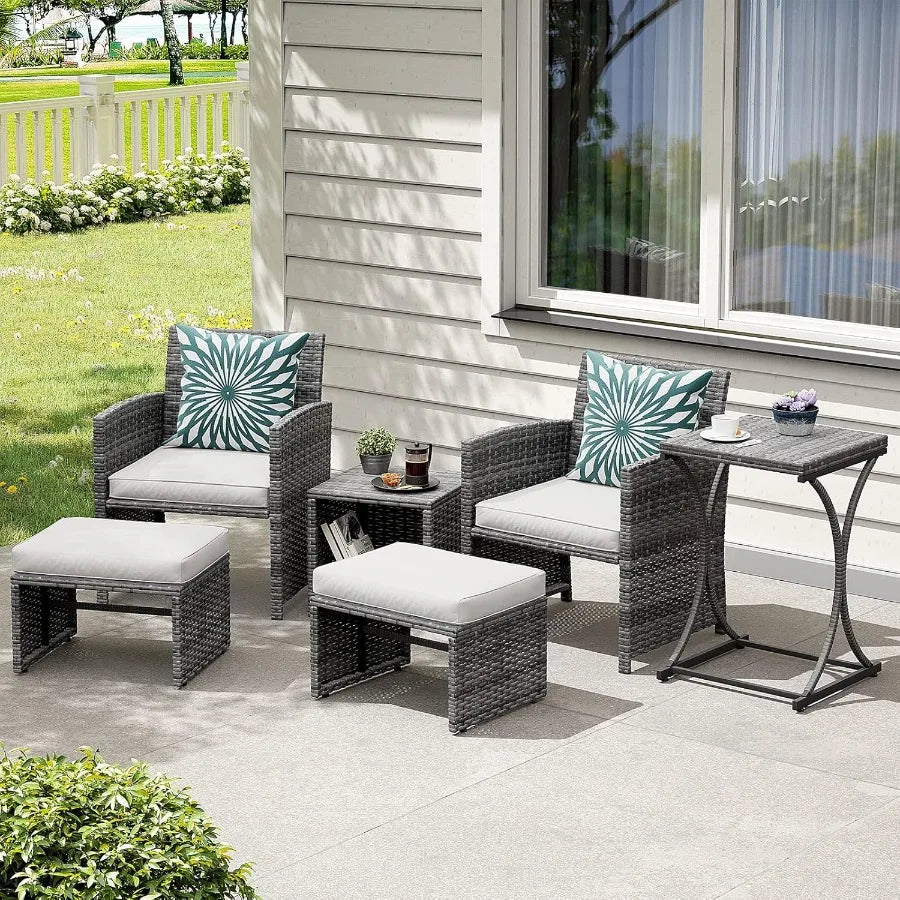6 Piece Patio Furniture Conversation Set with Ottoman Outdoor Grey Wicker Chair and Table Set Ideal for Balcony Spaces in Apart