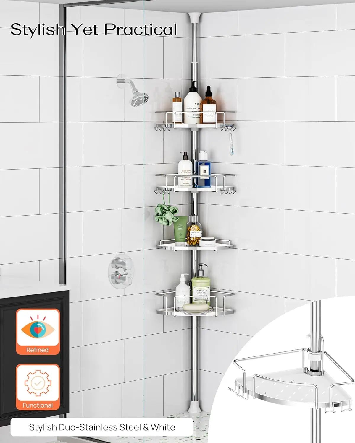 Corner Shower Caddy Tension Pole – Upgraded Rust-Free Stainless Steel Shower Organizer with Adjustable Storage Shelves