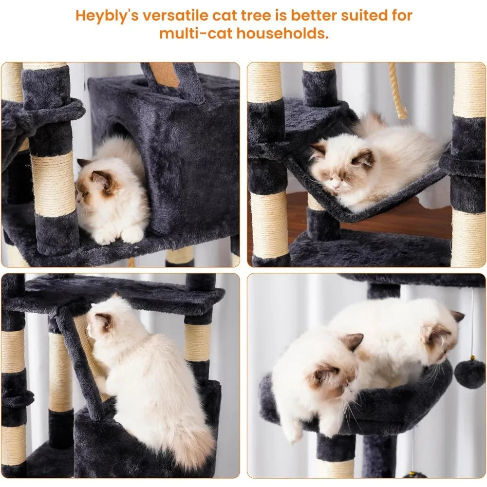Cat Tree, 68 inch Multi-Level Cat Tower for Indoor Cats, 2 Widened Plush Perches Cat Condo with Scratching Board and Big Caves