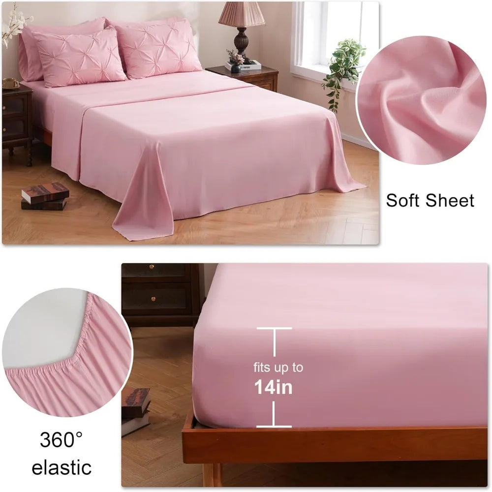 DOWNCOOL 7 Pieces King Size Comforter Set, Pink Pintuck Bed in A Bag, Pinch Pleat King Size Bed Set,All Season Bedding Sets with