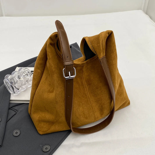 Women Suede Shoulder Bag Fashion Tote Bag Large Capacity Stylish Crossbody Bag Solid Color Casual Tote Purse Daily Commuting Bag