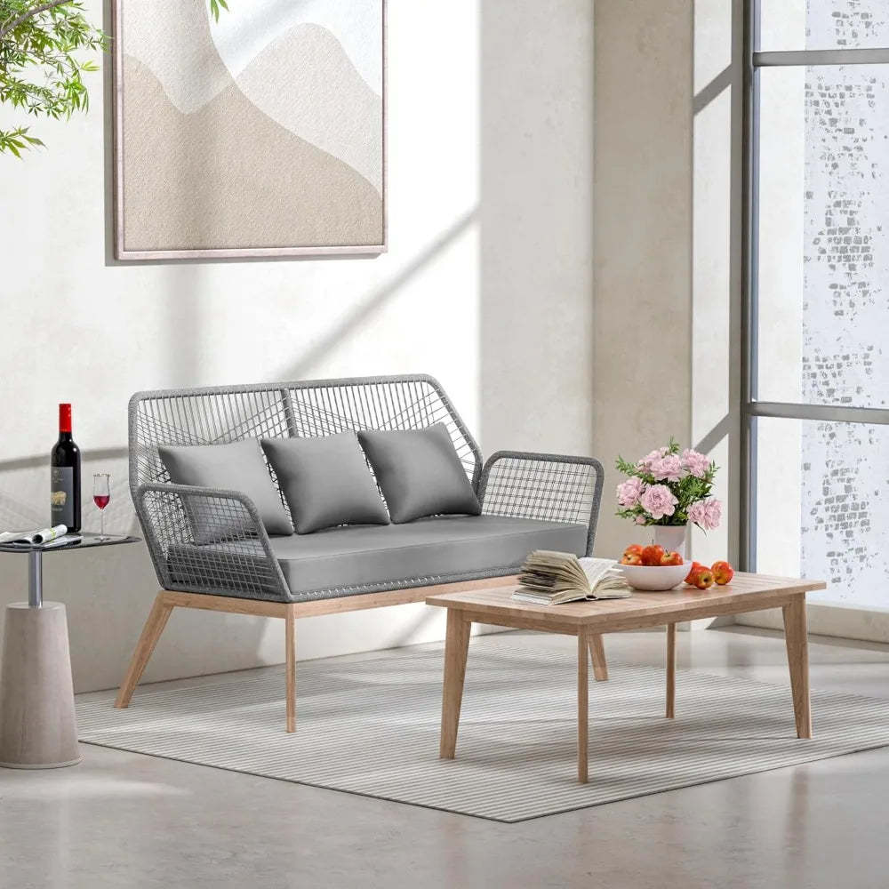 Outdoor Patio Furniture Set,2 Pieces Indoor Rope Woven Sectional Sofa Set Modern Oak Patio Conversation Sets with Wooden Table