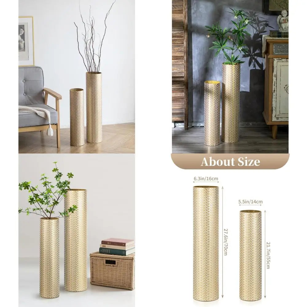 Extra Large Decorative Metal Cylinder Vases Set of 2 Tall Gold Woven Texture Floor Standing Vases - 27.6/21.7 inches Vin