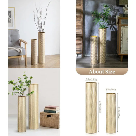 Extra Large Decorative Metal Cylinder Vases Set of 2 Tall Gold Woven Texture Floor Standing Vases - 27.6/21.7 inches Vin