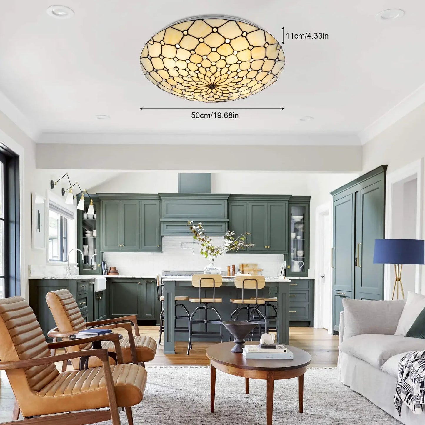 Antique Style 4-Light Flush Mount Ceiling Light - Stained Glass Shade with Vintage Finish for Kitchen Lighting