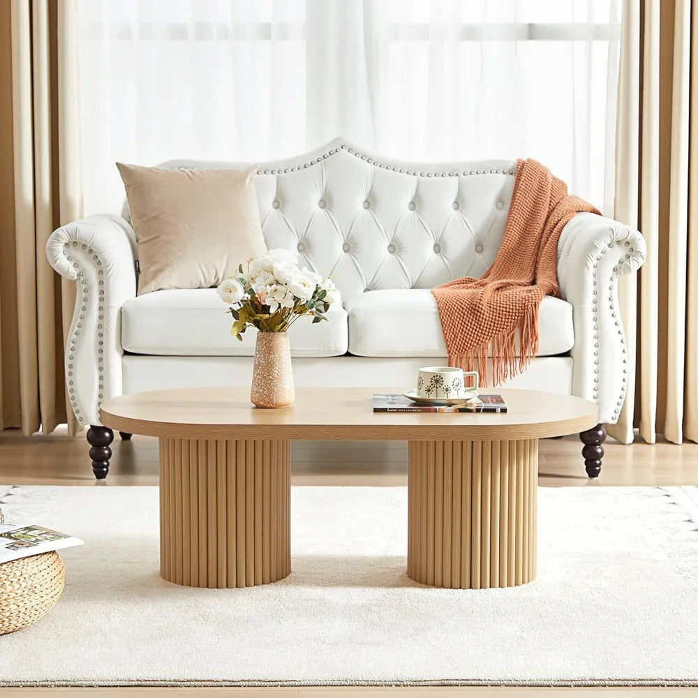 Fluted Oval Coffee Table for Living Room, Boho Modern Coffee Table with Fluted Legs, Curved Round Wood Center Table for Home, S