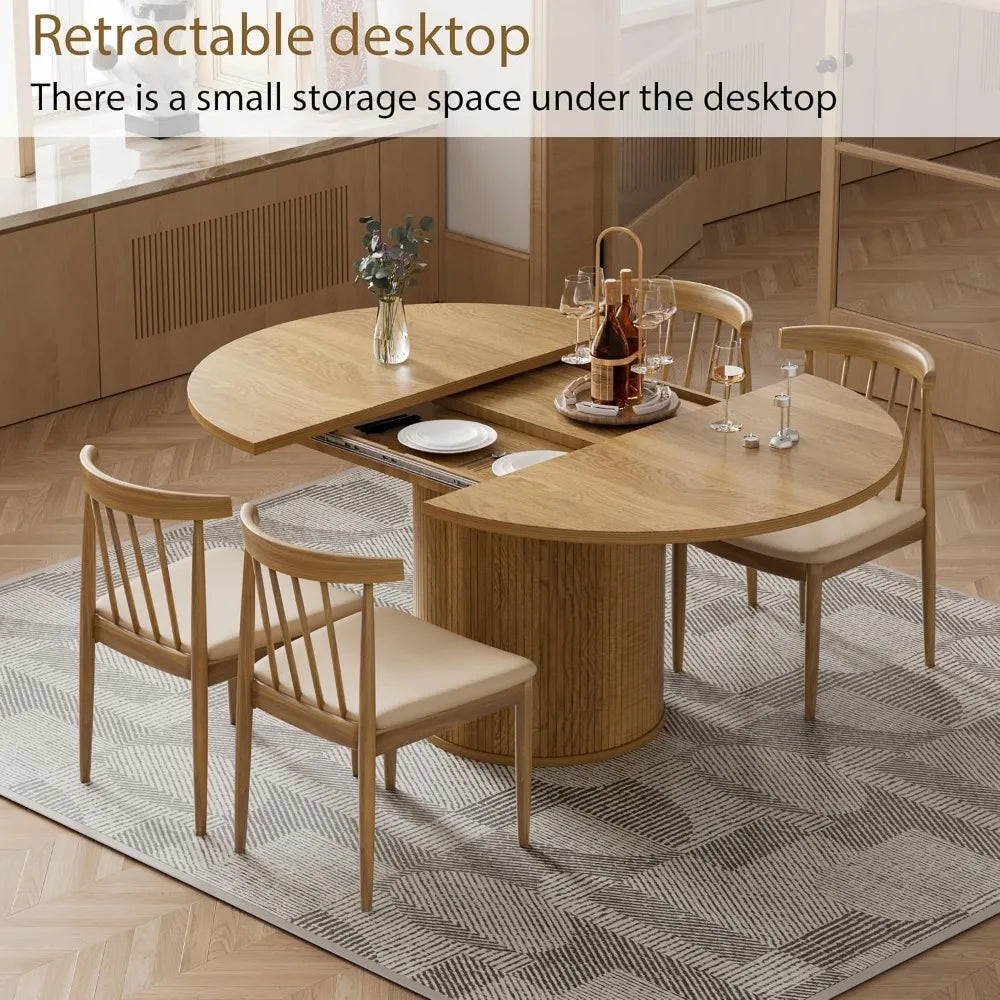 43.3''-59'' Extendable Round Dining Table for 4, Modern Farmhouse Expandable Dining Table with Wood Strip Base for Kitchen