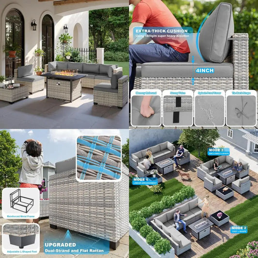 Modern 8-Piece Patio Furniture Set with 55k BTU Fire Pit, Plush Cushions, Durable Wicker Rattan, Rust-Resistant Frame