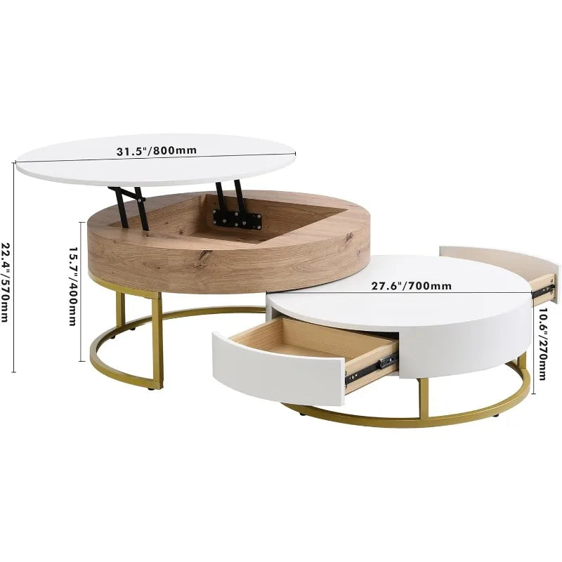 Lift-top Nesting Coffee Tables with 2 Drawers for Living Room White & Natural