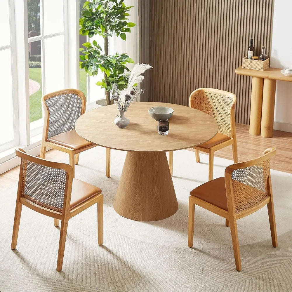 Round Dining Table for 4 to 6, 45.27" Modern Wood Kitchen Table Mid Century Circular Tabletop Conical Base Restaurant Furniture