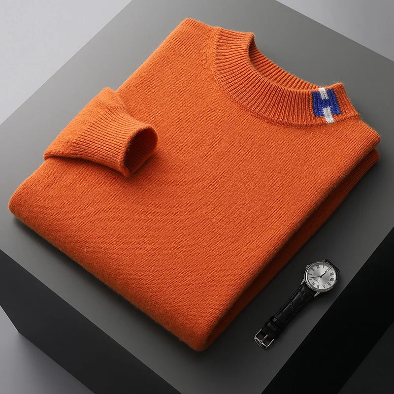 LHZSYY Men's Cashmere Sweater Autumn Winter New Semi-High Neck Pullover Warm Color Matching Knit Base Shirt Loose Thicken Jumper