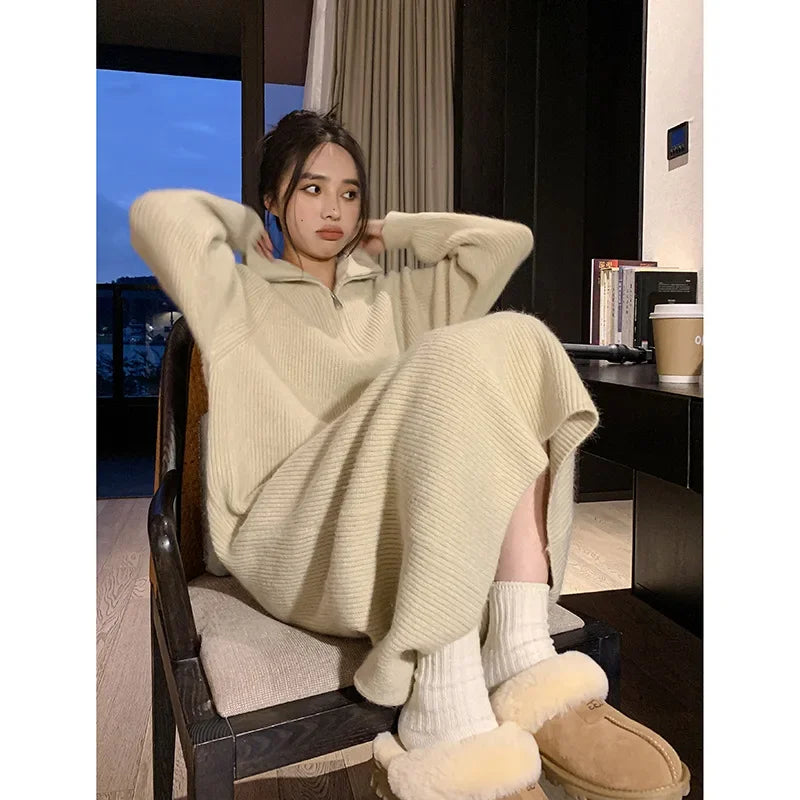 Spring Autumn 2025 Knitted Midi Dress Long Sleeve Inner Wear Base Skirt Elegant Goddess Style Coat Matching Casual Dress