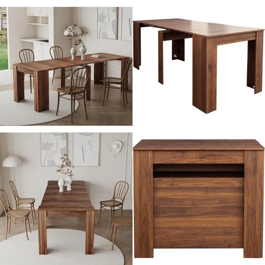 expandable modern rustic rectangular dining table for 1-10, wood, suitable for kitchen and living spaces