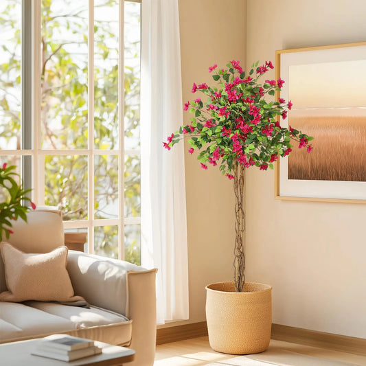 Artificial Bougainvillea Tree,Flower Trees Artificial Indoor,Fake Flower Tree with White Pot for Home Decoration, Artificial Flo