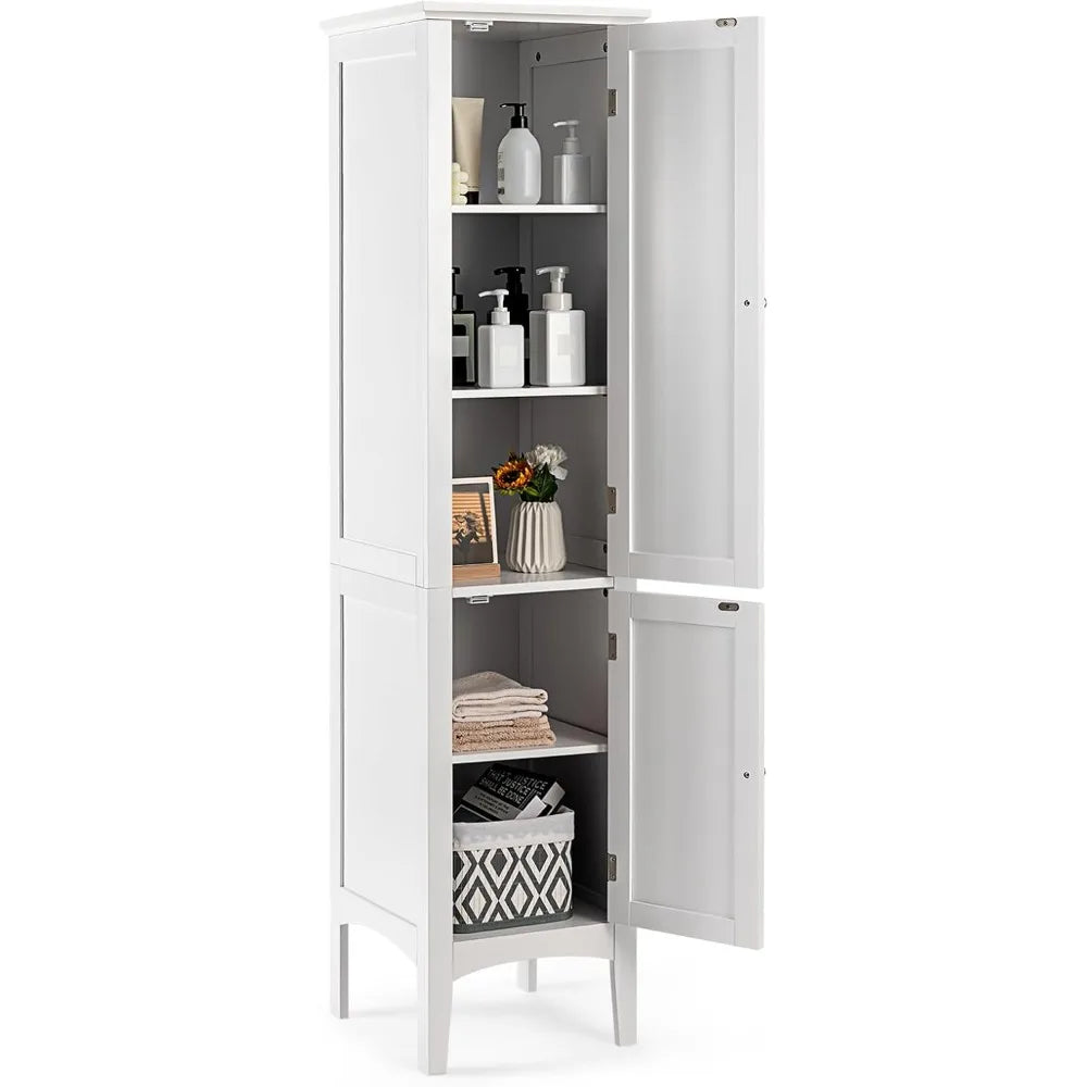 5-Tier Freestanding Bathroom Linen Tower with Wooden Sides and 2 Doors Storage Cabinet