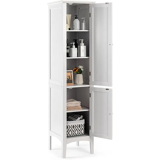 5-Tier Freestanding Bathroom Linen Tower with Wooden Sides and 2 Doors Storage Cabinet