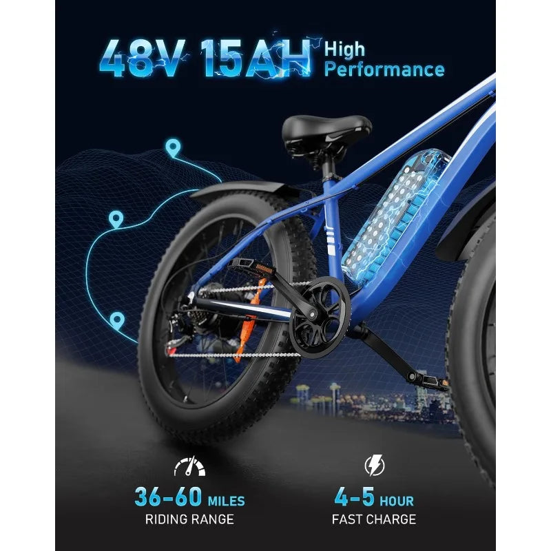 Bike for Adults Peak 1500W Electric Bicycle 48V 15AH (720WH) Battery Electric Bike 26" Fat Tire Mountain 28mph 7 S