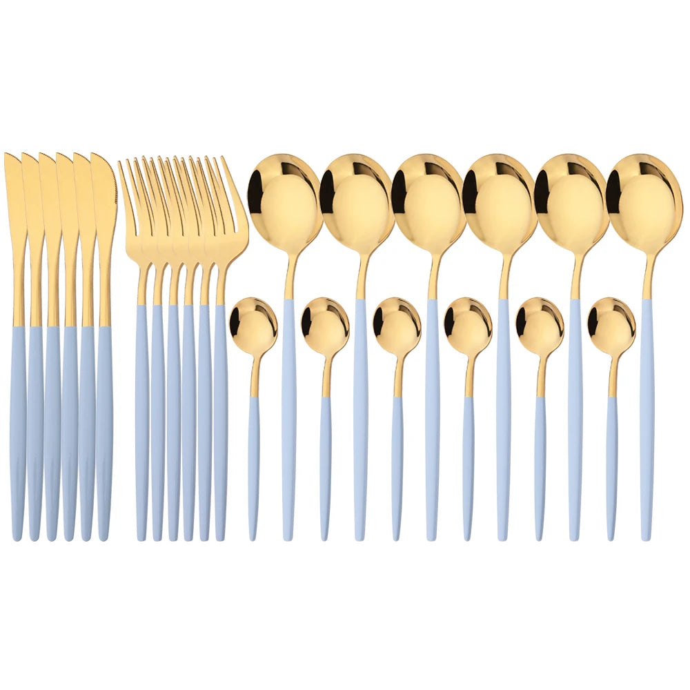 24Pcs Dinnerware Set Stainless Steel Tableware Knife Fork Tea Spoon Cutlery Set Multiple Colour Silverware Kitchen Flatware Set