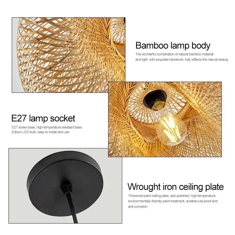 Led Pendant Lamp Ceiling Chandelier Bamboo Weaving Lights for Living Room Dining Handmade Modern Art Rattan Lampshade Restaurant
