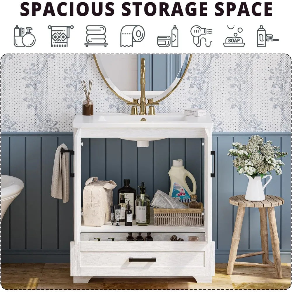 30" Bathroom cabinet with Sink, Featuring one drawer and double-hinged cabinets doors, Easy Assembly, Bathroom cabinet