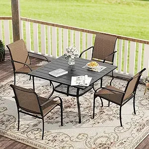 5 Pieces Patio Dining Set, Outdoor Furniture Set Includes 1 Square Outdoor Table and 4 Stackable Patio Sling Chairs, Black Tabl