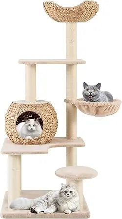 PETSITE 59 inch Cattail Tree Tower, Multi-Level Cat Tower with Natural Sisal Scratching Posts, Cat Condo