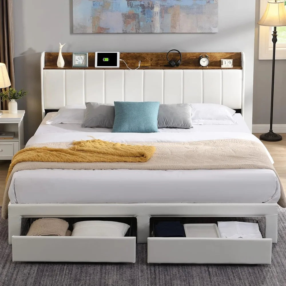 Queen Bed Frame with Headboard & Charging Station, Upholstered Platform Bed Frame with 2 Storage Drawers, Sturdy Wooden Slats Su