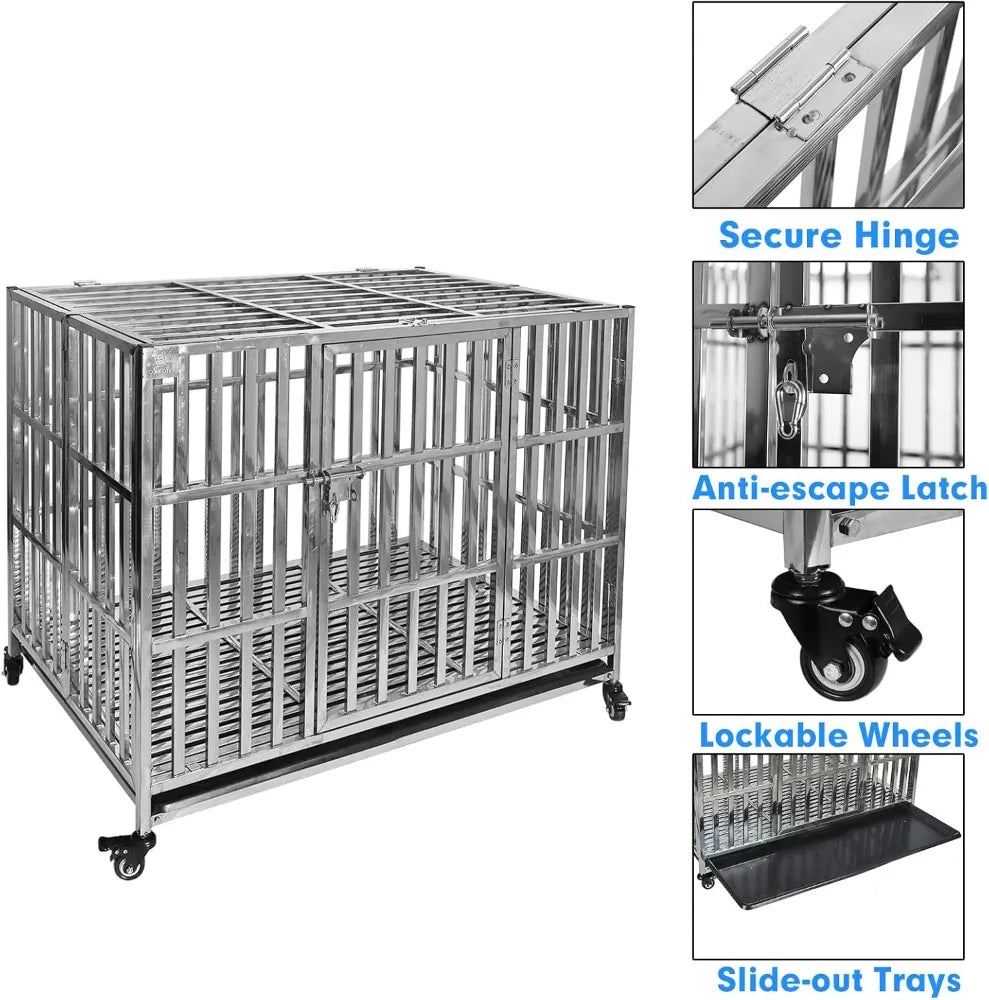 Stackable Stainless Steel Dog Crate Heavy Duty Pet Kennel Foldable Indestructible Dog Cage Playpen with Lockable Rolling Wheels