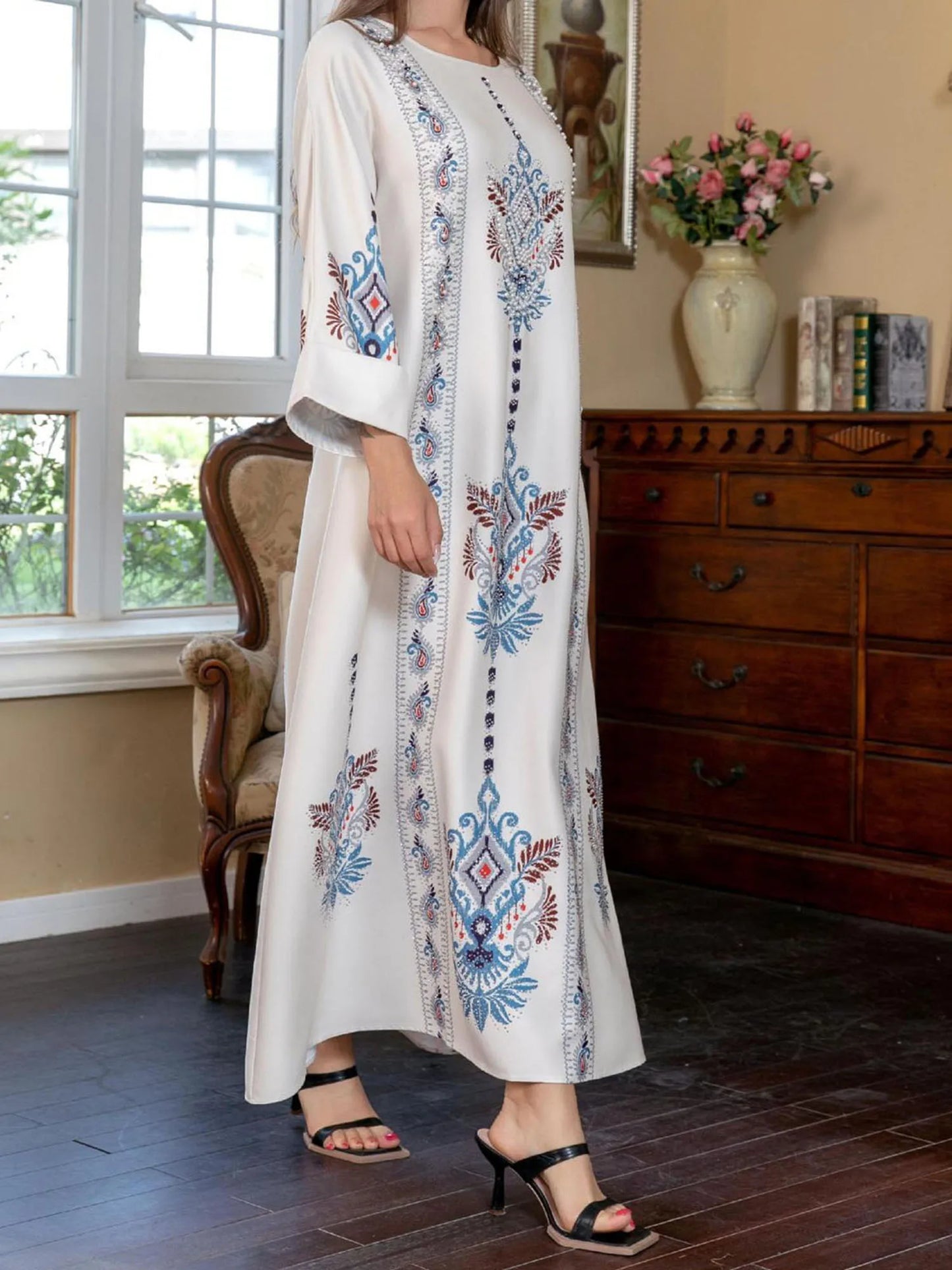 Women s Elegant Floral Print Maxi Dress Long Sleeve Round Neck Loose Fit Arab Style Kaftan Dress for Autumn