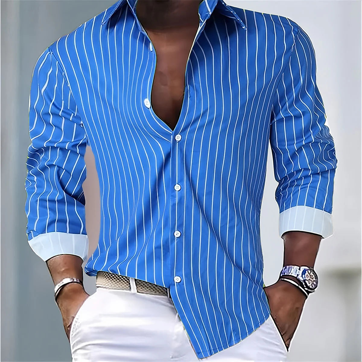 Men's Fashion Loose Striped Shirt 16 Colors Shirt Casual Breathable Lapel Button Long Sleeve Shirt Top Comfortable Soft Fabric