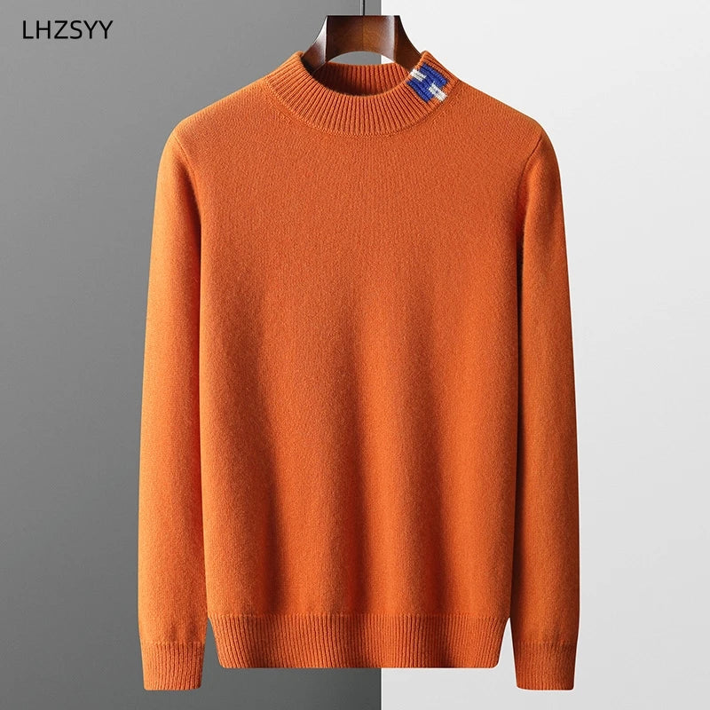 LHZSYY Men's Cashmere Sweater Autumn Winter New Semi-High Neck Pullover Warm Color Matching Knit Base Shirt Loose Thicken Jumper