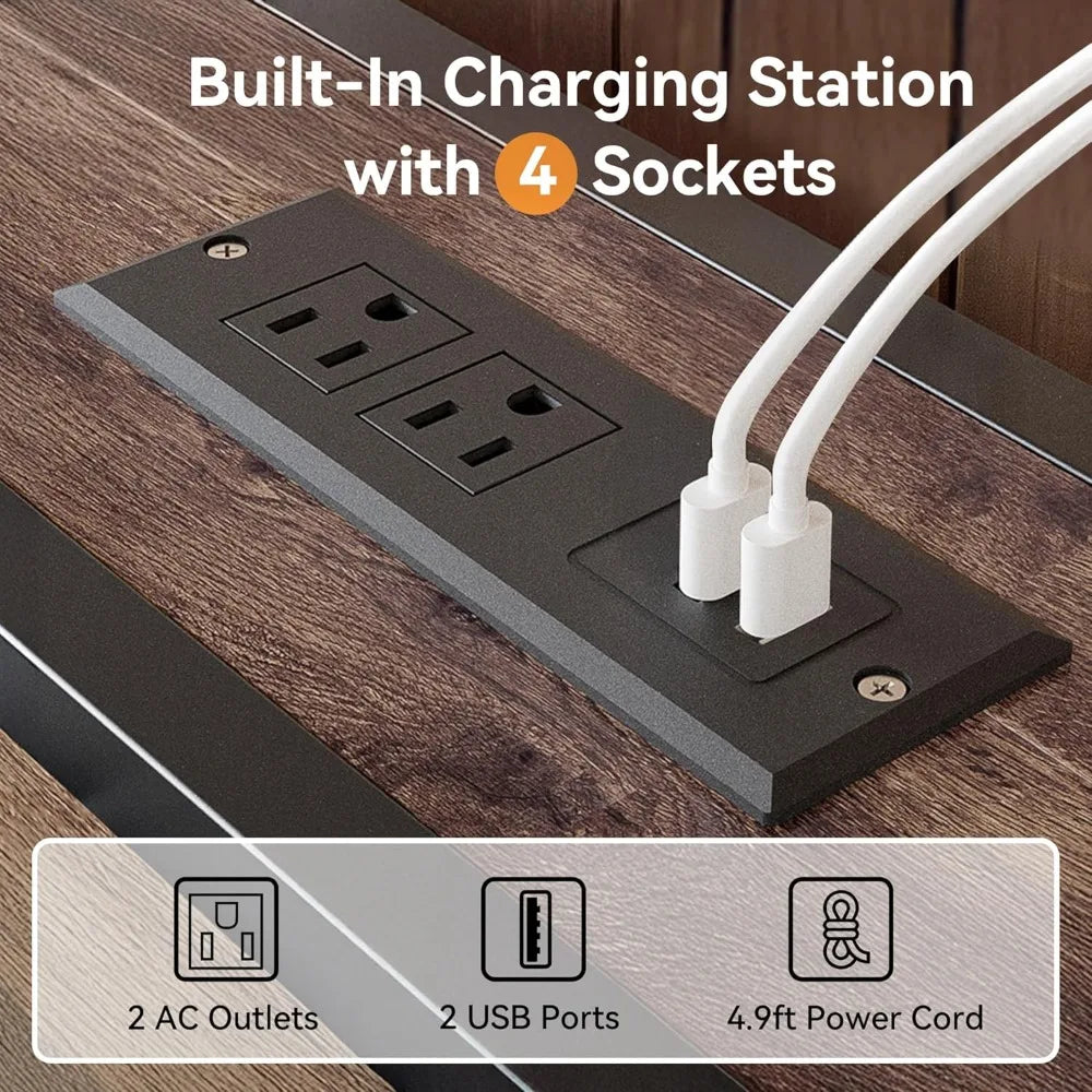 Queen Size Bed Frame with Storage Headboard, Sturdy Metal Platform Bed Frame with LED Lights and Charging Station, Easy Assembly