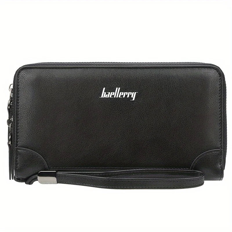 Men's Business Long Wallet, PU Leather Large Capacity Clutch Bag, Mobile Phone Bag With Wristlet, Double Zipper Handbag