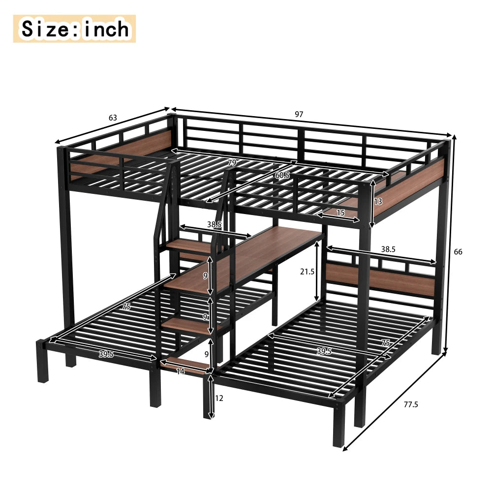 Queen Over Twin Over Twin Metal Bunk Bed ,triple Metal Bunk Bed with Storage Shelves and Storage Stairs,black